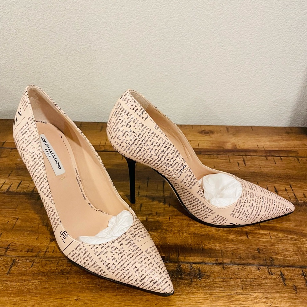 NEVER WORN!! John Galliano newspaper print heels.